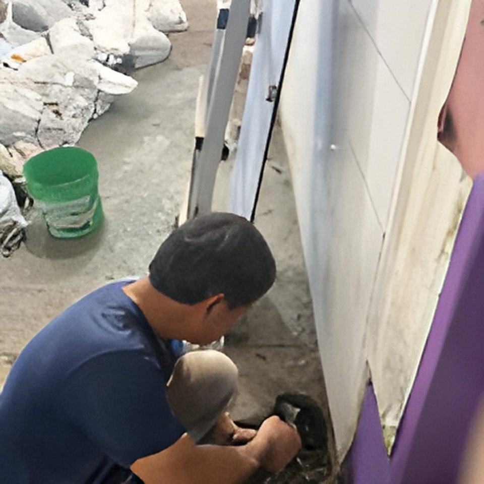 Nianqing Youwei Masonry | Mason working on wall base and pipes